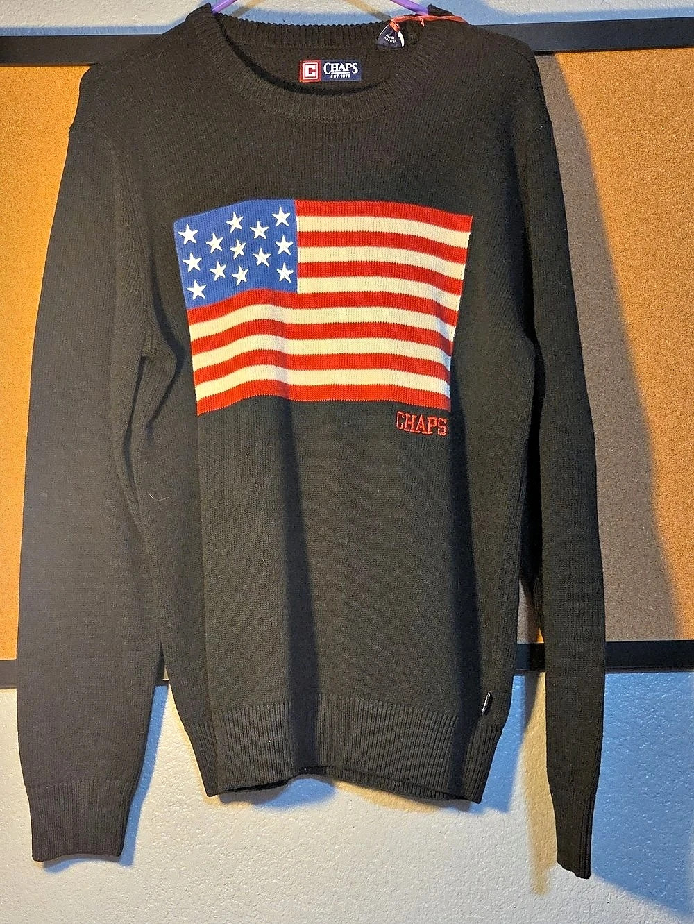 Chaps Flag Cotton Crewneck Sweater Black & Red